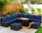 NICESOUL 10 Piece Outdoor Couch Set with Fire Pit Natural Gas/Propane, 29.3'' High Backrest Comfy Sectional Patio Furniture, Large Wide Seating Sofa for Outside, Brown Rattan and Navy Blue Cushion