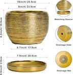 SQOWL Ceramic Planter for Indoor Plants - 10 Inch Plant Pot with Drainage Hole and Saucer, Modern Round Planter Outdoor, Large Decorative Flower Pot, Apartment Decor, Birthday Gifts, Gold