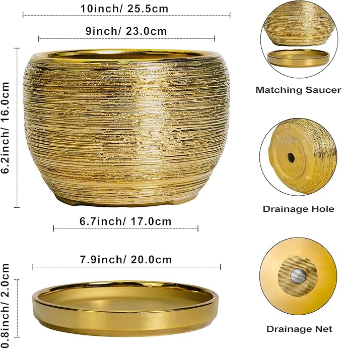 SQOWL Ceramic Planter for Indoor Plants - 10 Inch Plant Pot with Drainage Hole and Saucer, Modern Round Planter Outdoor, Large Decorative Flower Pot, Apartment Decor, Birthday Gifts, Gold