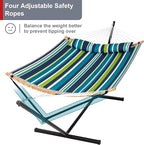 Hammock with Stand for Outside, Double Hammock with Stand, Pillow and Portable Bag, 450 Lbs Capacity, Green Blue Stripes