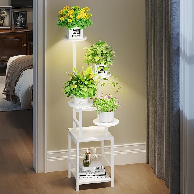 Plant Stand Indoor with Grow Light, 5-Tiered Tall Plant Stand Indoor, Metal Plant Shelf with Adjustable Light, Ideal for Living Room, Garden, Round Patio white