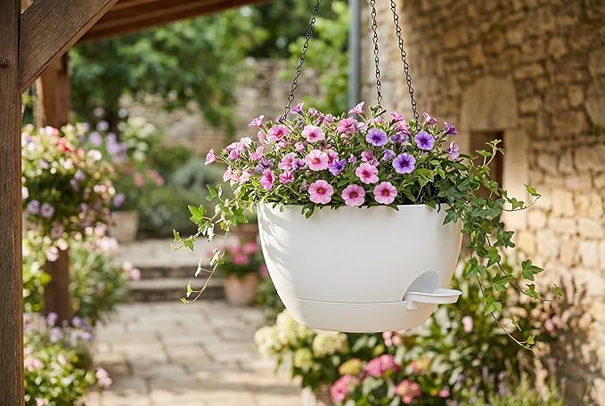 Hanging Planters, 3-Pack 10 Inch Self-Watering Pots with Drainage Holes and Chains, Matte Plastic Planters for Indoor/Outdoor Plant（White）