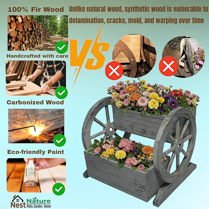 NestNature Wooden Wagon Planter Box,Raised Garden Bed,Decorative Garden Planters with Wheels-Outside Flower Pots for Indoor/Outdoor Décor Plants (Antique Gray)