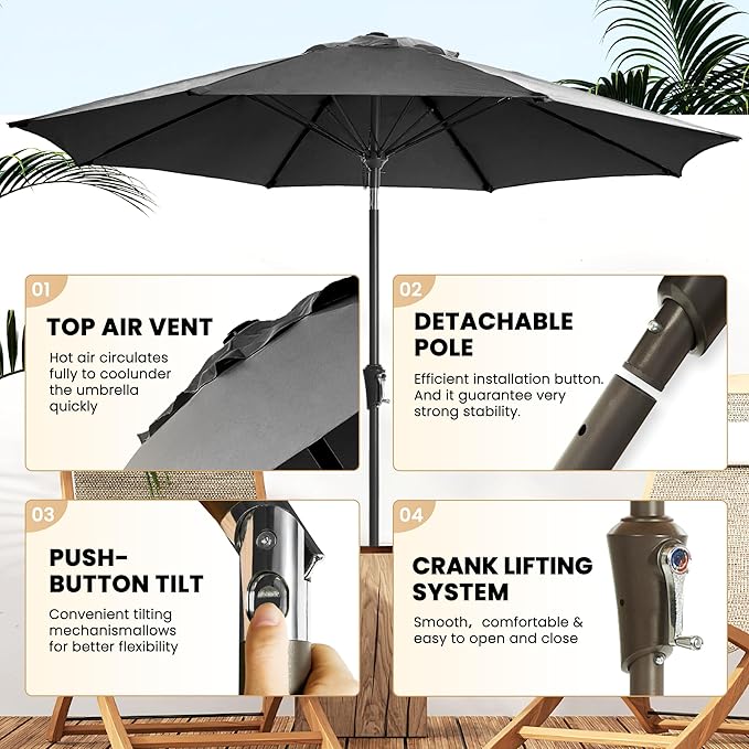 Ayge 9FT Large Outdoor Patio Umbrella Market Table Umbrella-UV Resistant, Easy Push Button Tilt and Crank, 8 Sturdy Fiberglass Ribs Heavy-Duty Pool Umbrella for Deck, Backyard,Garden,Black