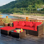 Tangkula 5 Pieces Patio Rattan Furniture Set, Outdoor Sectional Rattan Sofa Set with Back & Seat Cushions, Wicker Conversation Set with Tempered Glass Table for Backyard Porch Poolside (Red)