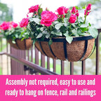 LaLaGreen Deck Railing Planter Boxes (16 Inch, 4 Pack) Black Metal Rectangular Hanging Planters with Coco Liner, Adjustable Flower Planter Box Brackets for Plants Fence Balcony Patio Porch Over Rail