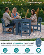SERWALL Outdoor Dining Set for 4, HDPE Square Table and Chairs Set All Weather Patio Dining Set with 4 Armless Chairs for Patio, Blue