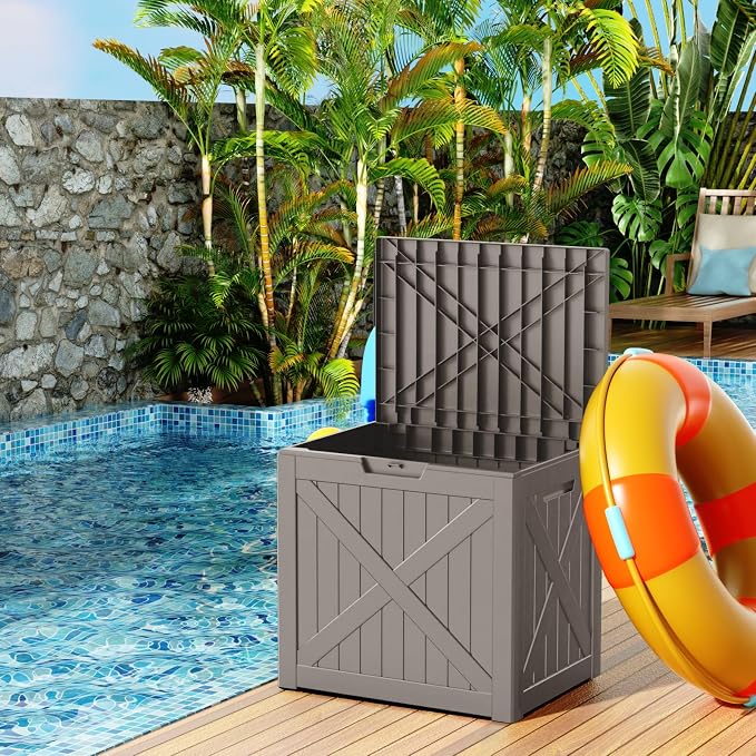 Deck Box, 30 Gallon Grey Resin Lockable Outdoor Storage