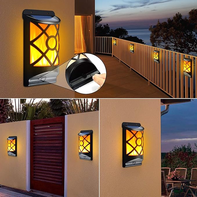 Wall Lights 6 Pack Black Solar Flame Lanterns, Waterproof Outdoor