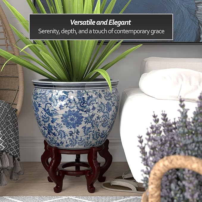 Red Lantern Large 18" Porcelain Fishbowl Blue & White Floral Planter or Cachepot for Indoor/Outdoor Use in Garden Entryway Living Room Boho Eclectic Modern Contemporary Classic Traditional Style Decor
