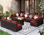 NICESOUL 11 Piece Modern Outdoor Patio Furniture Set with Firepit Propane/Natural Gas, 29.3'' High Back Wicker Conversations, 10 Seater Large Wide Sectional for Outside, Brown Rattan and Red Cushion