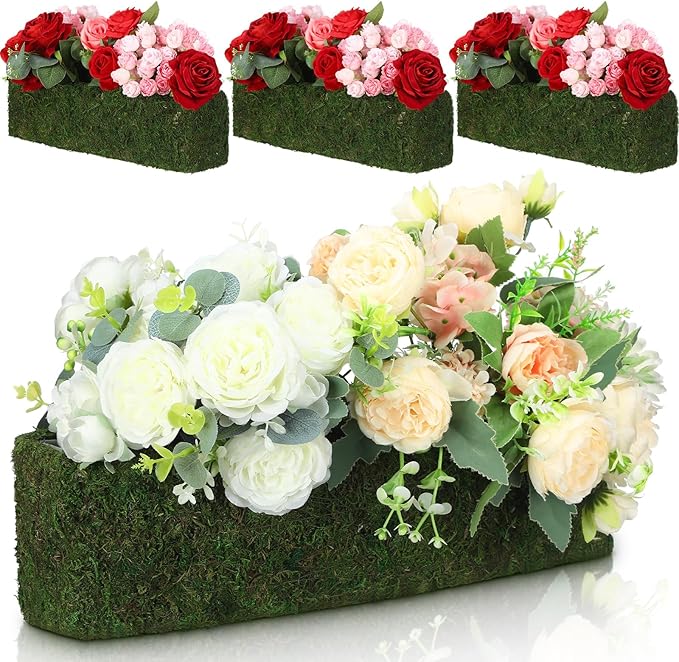 Maxdot 4 Pack Moss Window Box Planters, 16 Inch Rectangular Decorative Planter Boxes with Plastic Liner, Indoor Outdoor Window Sill Planters for Flowers, Herbs, Easter Spring Home Garden Decor