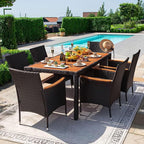 Devoko Dining 7 PCS Furniture, Patio Conversation Set with Acacia Wood Table Top, Outdoor, Beige Cushion and Black Rattan