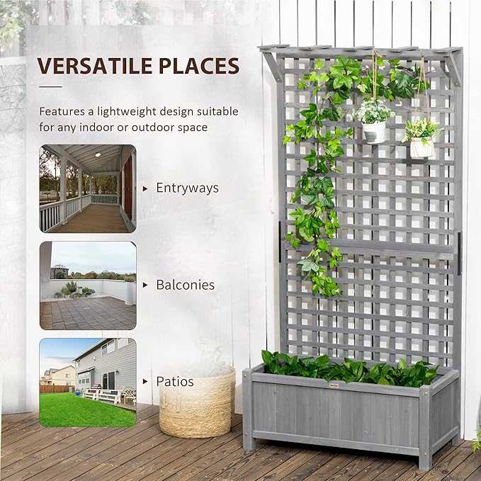 Outsunny Wood Planter with Trellis, Raised Garden Bed for Climbing Plants w/Drainage Holes and Roof, 35.5" x 17.75" x 72", Pack of 2, Dark Gray