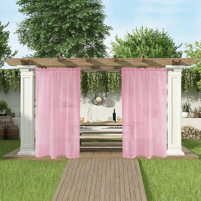 SpaceDresser Waterproof Outdoor Sheer Curtains for Patio - 4 Panels Rod Pocket Indoor Voile Sheer Curtain for Living Room,52W x 96L inch, Light Pink