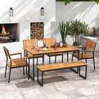 Tangkula 6 Pieces Outdoor Acacia Wood Dining Set, Patio Table and Chairs Set with Bench for 6-7 People, Outdoor Dining Furniture Set with 2" Umbrella Hole for Garden, Backyard and Poolside