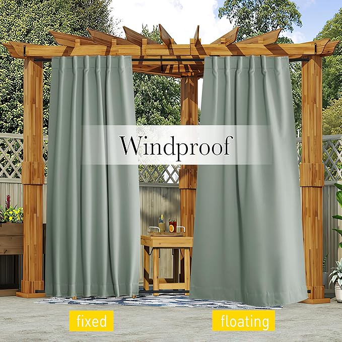 NICETOWN 2 Panels Outdoor Curtains Waterproof Pocket & Back Tab on Top & Bottom, Thermal Insulated Windproof Sun Blocking Outside Privacy Drapes for Patio with Fixed Rope, W84 x L95, Sage Green