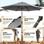 Ayge 9FT Large Outdoor Patio Umbrella Market Table Umbrella-UV Resistant, Easy Push Button Tilt and Crank, 8 Sturdy Fiberglass Ribs Heavy-Duty Pool Umbrella for Deck, Backyard,Garden,Grey