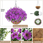 Artificial Hanging Flower for Outdoors, Fake Hanging Basket for Outside,1 Hanging Basket with 13 Pcs Faux Silk Flowers for Porch, Balcony and Patio Decor(Purple)