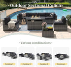 Aoxun 8 Piece Patio Furniture Set with 44” Fire Pit Table Wicker Rattan Outdoor Sectional Sofa Set with Coffee Table and Thickened Cushions, Black (Waterproof Cover Included)