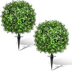 Artificial Topiary Bushes for Outdoors with Spike, Boxwood Ball Fake Shrubs UV Resistant Faux Plants for Indoor Outdoor Fall Thanksgiving Halloween Decor (Gypsophila Boxwood White-2 Packs)