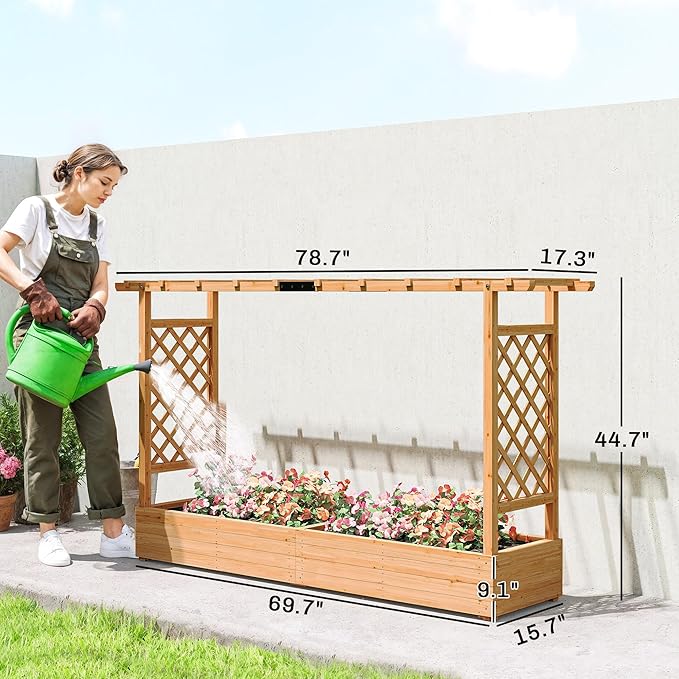 Outsunny Raised Garden Bed with Trellis, Wooden Planter Box with Hanging Roof and Drainage Holes, Outdoor Trellis Planter for Climbing Plants, Vegetables, Herbs and Flowers, 78.7" x 17.3" x 44.7"