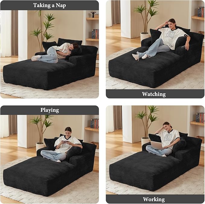 78.7" Chaise Lounge Chair Indoor, Oversized Boneless Couch Comfy Upholstered Sleeper Sofa Bed with 3 Pillows, Corduroy Cloud Reading Chair for Living Room No Assembly Required, Black