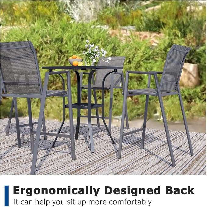 Patio Bar Stools Set of 2, 44-Inch Grey Metal Frame with Textilene Seat