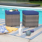 Patiorama 2 Pieces Assembled Outdoor Patio Ottoman, Indoor Outdoor All-Weather Grey Wicker Rattan Outdoor Footstool Footrest Seat w/Navy Blue Cushions,Outdoor Ottoman for Patio,No Assembly Required