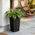 Worth Garden 2-Pack Black Tall Planter - Plastic Square Tapered Tree Plant Pots with Drainage Hole for Indoor Outdoor - 22" H Modern Wavy Finish Decorative Flower Pots for Front Porch Patio Deck