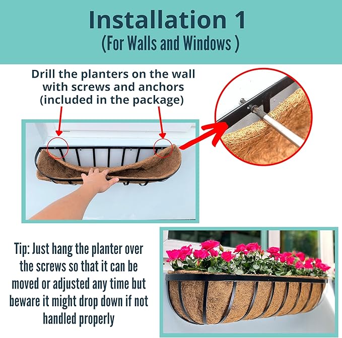 LaLaGreen Deck Railing Planter Boxes - 4 Pack, 36 Inch Long Window Flower Box Attach to House, Wall Planters for Outdoor Plants with Coco Liners English Horse Trough Fence Balcony Garden Porch Rail
