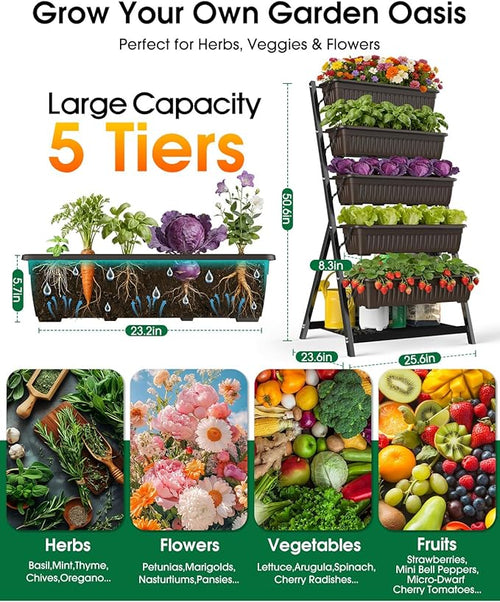 5-Tier Vertical Garden Bed Planter Boxes with Drainage System & Storage Space, Freestanding Vertical Garden Planter with 5 S-Hooks for Plants Vegetables Flowers Herbs in Garden Patio Yard