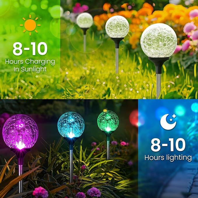 GIGALUMI Solar Garden Lights 6 Pack, Outdoor Solar Lights for Yard Decorative, Christmas Lights Outdoor Decorations Waterproof, Multi-Colored Changing Garden Globes Cracked Glass Ball with LED Lights