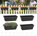 smusei Railing Planter Box 4 Pack Window Boxes Planters with Flower Box Brackets, 17’’ Rectangle Balcony Deck Railing Hanging Planters for Outdoor Fence Garden Patio Plants