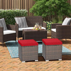 RELAX4LIFE Wicker Outdoor Storage Ottoman, 2-Piece Rattan Footstool w/Removable Cushion, Multipurpose Footrest Stool Side Table Additional Seating, Set of 2 Outdoor Ottomans for Patio Deck (Red)