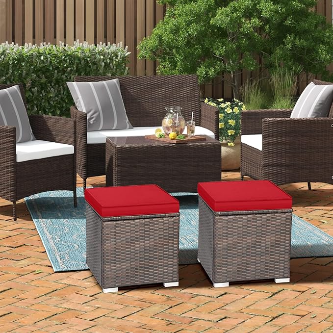RELAX4LIFE Wicker Outdoor Storage Ottoman, 2-Piece Rattan Footstool w/Removable Cushion, Multipurpose Footrest Stool Side Table Additional Seating, Set of 2 Outdoor Ottomans for Patio Deck (Red)