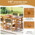 Tangkula 7 Piece Patio Dining Set for 6 People, 63” Outdoor Rectangular Acacia Wood Table with 1.97” Umbrella Hole & 6 Armchairs with Padded Seat Cushions, for Deck Yard and Poolside
