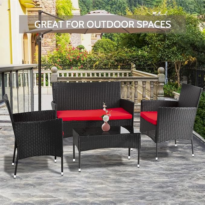Bistro Sets 4-Piece Wicker Patio Set with Red Cushions, Glass Table