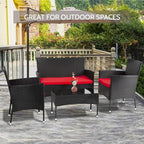 Bistro Sets 4-Piece Wicker Patio Set with Red Cushions, Glass Table