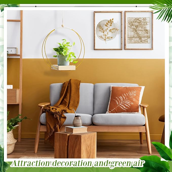 Geelin 4 Pack Plant Hanger with Wood Base Hanging Window Planter Boho Macrame Hanging Potted Plant Holders for Indoor Outdoor Window Wall Ceiling Home Decoration, Pot & Sapling Not Included(Gold)
