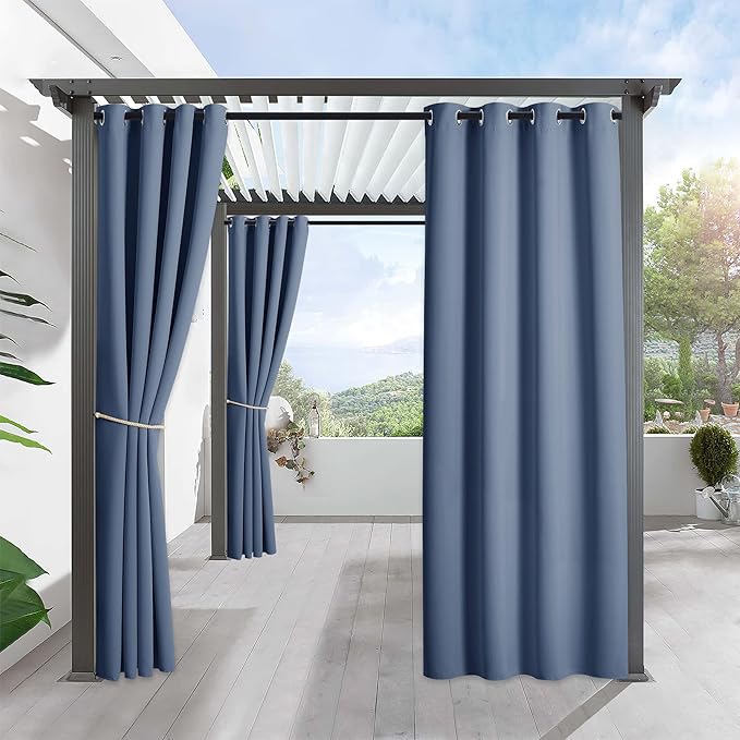 RYB HOME Outdoor Curtains for Patio Waterproof Block Sunlight Thermal Insulated Privacy Assured Thick Outside Curtains for Pergola, Deck, Gazebo, W52" x L108", Stone Blue, 1 Panel
