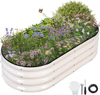 Galvanized Raised Garden Bed - 4x2x1FT Metal Planter Boxes Outdoor | Oval Steel Raised Bed Kit for Gardening with Protective Tape, Gloves for Vegetables, Flower, Herb (White)