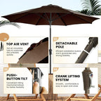 Ayge 9FT Large Outdoor Patio Umbrella Market Table Umbrella-UV Resistant, Easy Push Button Tilt and Crank, 8 Sturdy Fiberglass Ribs Heavy-Duty Pool Umbrella for Deck, Backyard,Garden,Brown