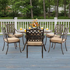7-Piece Cast Aluminum Patio Furniture, Outdoor Dining Sets for 6 Include 54" Round Patio Dining Table and 6 Stackable Chairs with Cushions & Umbrella Hole (Bronze)