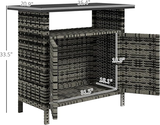 Outsunny Wicker Outdoor Storage Cabinet, Rattan Outdoor Bar Table with 2 Doors and Shelf, Outdoor Buffet Cabinet Sideboard with Metal Slatted Countertop for Poolside, Patio, Backyard, Mixed Gray