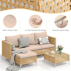 3-Piece L-Shaped Patio Furniture Set - Weather Resistant Wicker Sectional Sofa with Thick Cushions & Coffee Table for Small Spaces (Yellow/Beige)