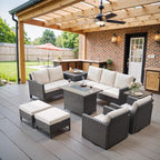 Belord Outdoor Sectional Sofa with 41" Propane Fire Pit Table - 9 Piece Patio Conversation Set with Storage Box and Swivel Rocker Chairs All-Weather PE Wicker Furniture Set Brown