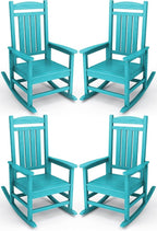 KINGYES HDPE Outdoor Rocking Chair Set of 4, All-Weather Poly Patio Rocking Chairs with 330lbs Support for Adults, Aruba Blue