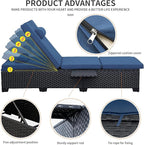 WAROOM Outdoor Chaise Lounge Chairs for Outside Patio Furniture Set of 2 Wicker Recliner Black Rattan Sunbathing Lounger Adjustable Backrest Pool Reclining Chair, Navy Blue Cushion