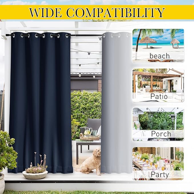 NICETOWN 2 Panels Fixed Outdoor Curtains for Patio Waterproof, Top & Bottom Grommet & Back Tab Windproof Drapes Thermal Insulated Blackout Outdoor Drapes for Gazebo, W52 x L72, Navy Blue, 2 Panels